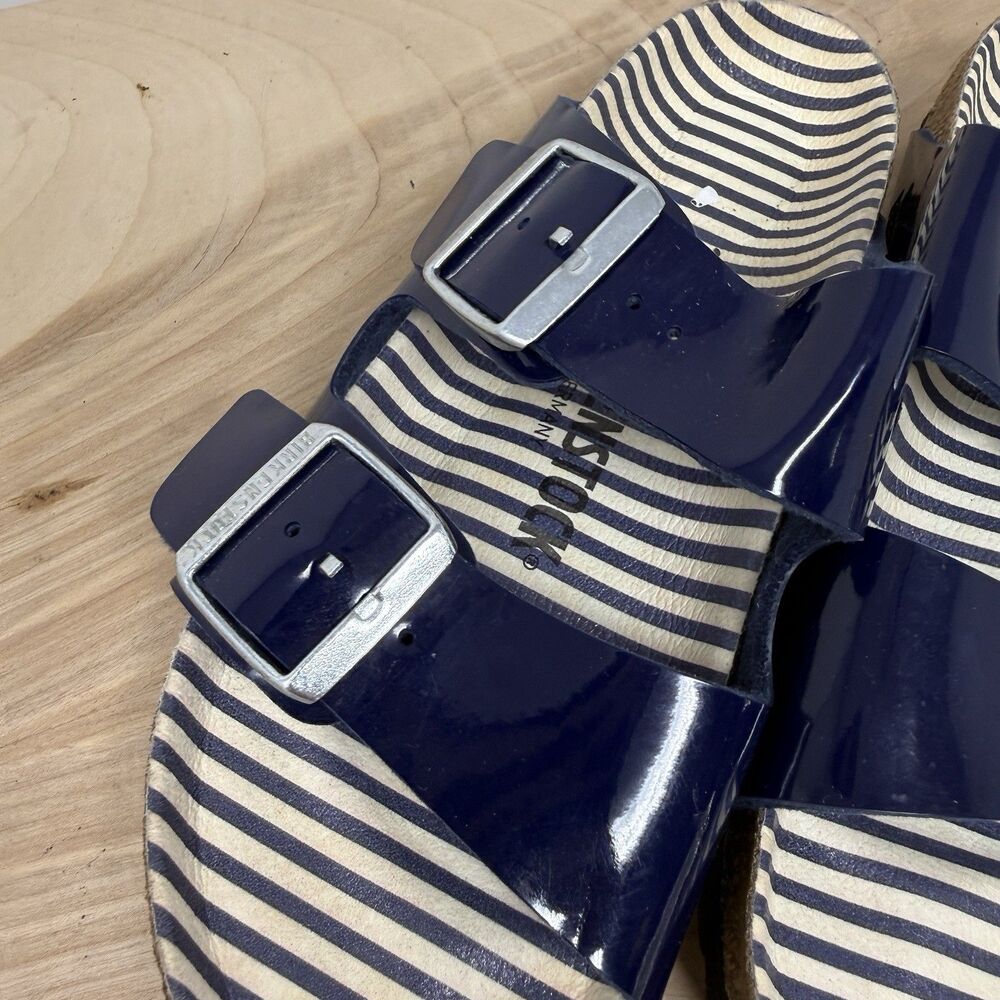 Birkenstock Navy Patent Two-Strap Sandals with Striped Footbed - Picture 4 of 9